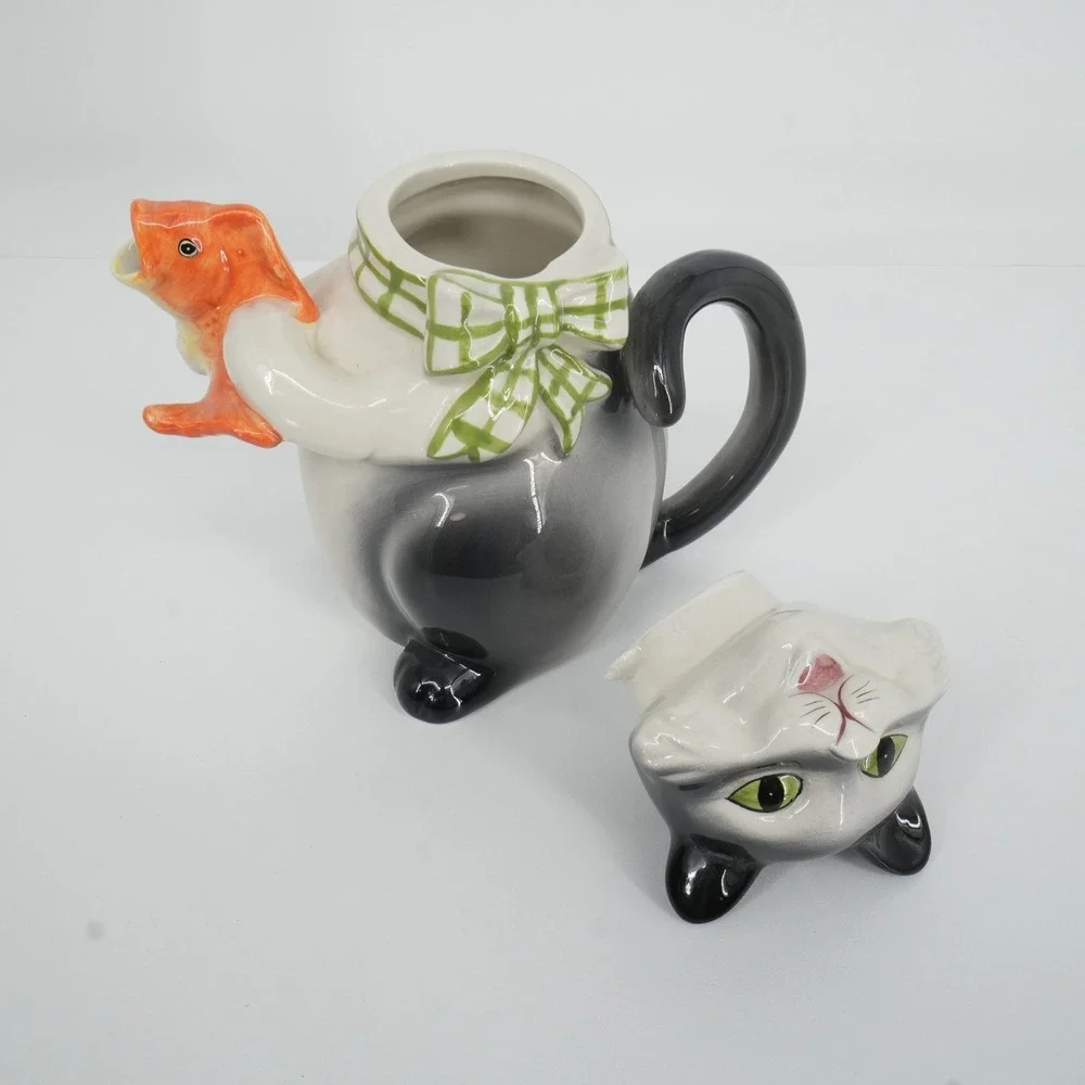 Cat Teapot Black Kitsch Whimsical Fish Spout Ceramic Tuxedo Tea Party Decor